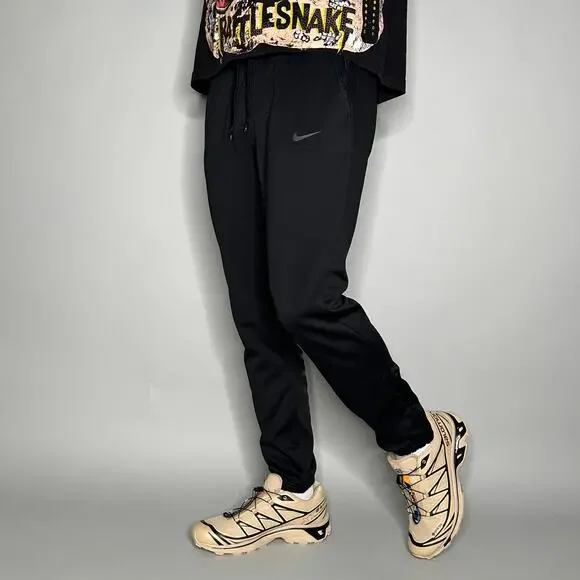 Vintage Y2K Nike Sweatpants Mens S Jet Black Subtle Swoosh Polyester Joggers - Picture 1 of 4